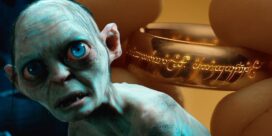 Pale, grotesque creature with blue eyes and ragged teeth; a gloved hand holds a gold engraved bracelet near its head.