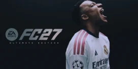 Athlete in a Real Madrid jersey shouting with head tilted back against a dark background; FC27 Ultimate Edition logo on the left.