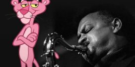 Pink cartoon panther with arms crossed stands beside a grayscale photo of a man playing a saxophone, creating a playful contrast.