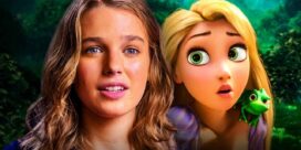 A young woman beside Rapunzel from Tangled, both looking surprised, with a small green frog on Rapunzel's shoulder.