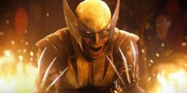 Wolverine in gold armor charging with claws extended amid flames