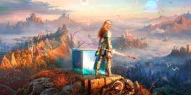 Female armored warrior stands atop a glowing blue block, overlooking a dreamlike valley of orange cliffs and distant ruins at sunset.